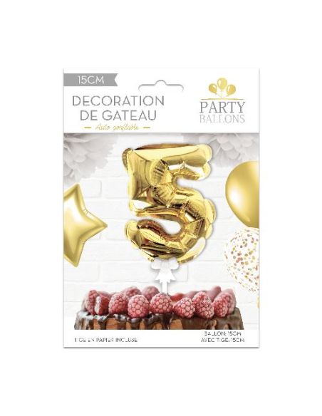 Accessoire Fêtes / Ballon Doré Décoration Gâteau Chiffre 5 / Dimension : 15 x 10 cm