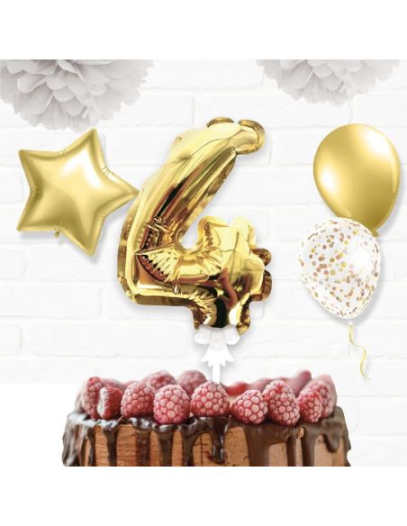 Accessoire Fêtes / Ballon Doré Décoration Gâteau Chiffre 4 / Dimension : 15 x 10 cm