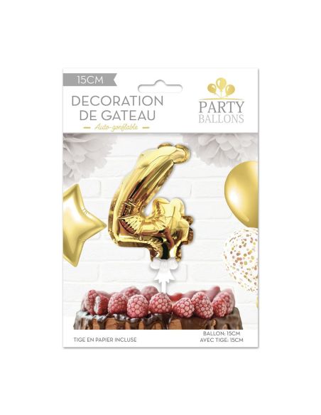 Accessoire Fêtes / Ballon Doré Décoration Gâteau Chiffre 4 / Dimension : 15 x 10 cm
