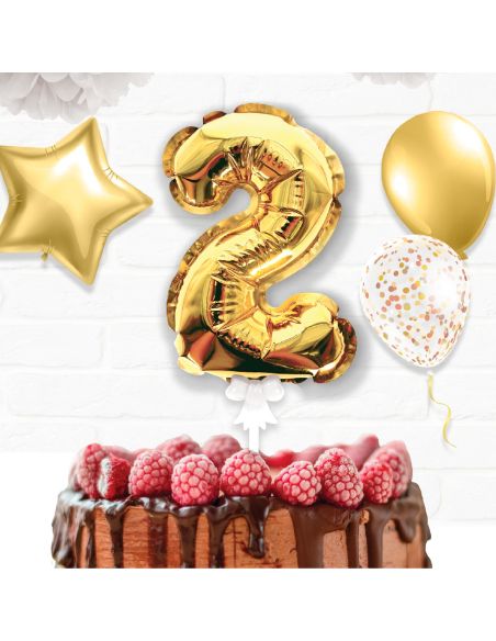 Accessoire Fêtes / Ballon Doré Décoration Gâteau Chiffre 2 / Dimension : 15 x 10 cm
