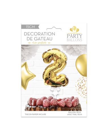 Accessoire Fêtes / Ballon Doré Décoration Gâteau Chiffre 2 / Dimension : 15 x 10 cm
