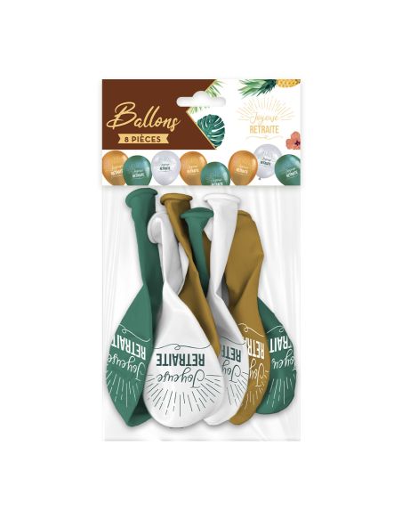 Sachet de 8 Ballons "Joyeuse Retraite" Tropical - Dimensions : 30 x 30 cm