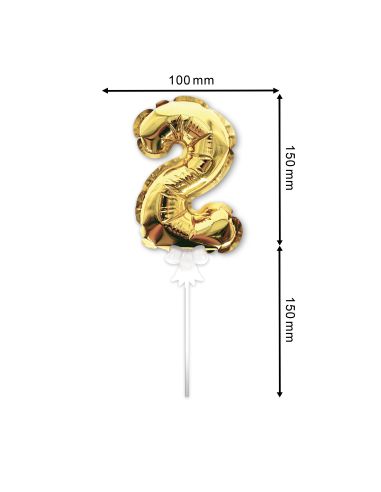 Accessoire Fêtes / Ballon Doré Décoration Gâteau Chiffre 2 / Dimension : 15 x 10 cm