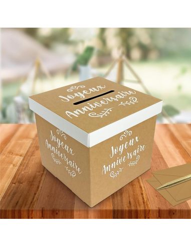Urne "Joyeux Anniversaire" Couleur Kraft et Blanc - Dimensions : 20 x 20 x 20 cm