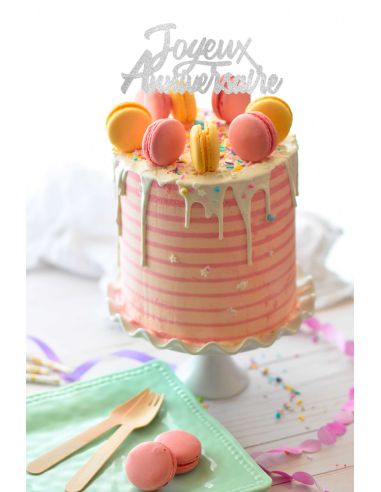 Top Gâteau "Joyeux anniversaire" Argenté Pailleté Party Chic / Dimensions : 17 x 13 cm
