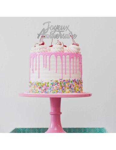 Top Gâteau "Joyeux anniversaire" Argenté Pailleté Party Chic / Dimensions : 17 x 13 cm