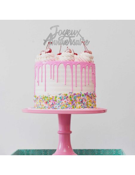 Top Gâteau "Joyeux anniversaire" Argenté Pailleté Party Chic / Dimensions : 17 x 13 cm