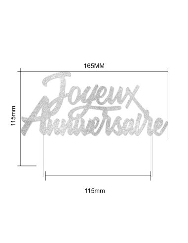 Top Gâteau "Joyeux anniversaire" Argenté Pailleté Party Chic / Dimensions : 17 x 13 cm