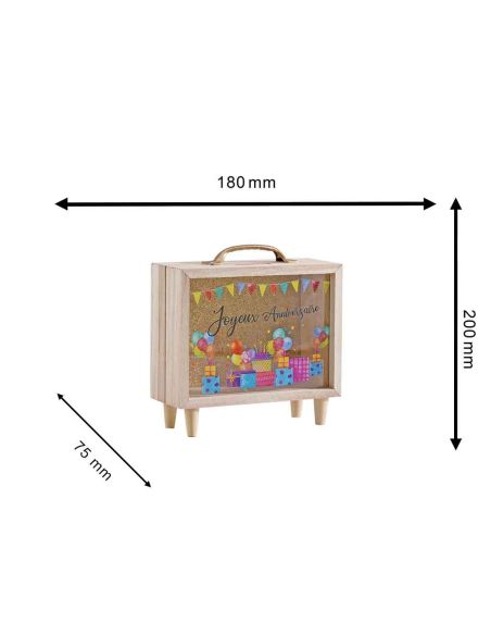 Tirelire en Bois et et Verre Doré Pailleté "Joyeux anniversaire" en Noir - Dimensions : 18  x 7,5 x