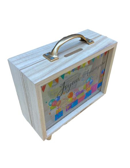 Tirelire en Bois et et Verre Doré Pailleté "Joyeux anniversaire" en Noir - Dimensions : 18  x 7,5 x
