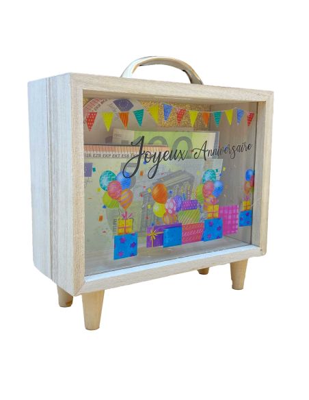 Tirelire en Bois et et Verre Doré Pailleté "Joyeux anniversaire" en Noir - Dimensions : 18  x 7,5 x