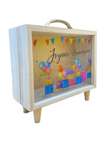 Tirelire en Bois et et Verre Doré Pailleté "Joyeux anniversaire" en Noir - Dimensions : 18  x 7,5 x