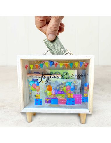 Tirelire en Bois et et Verre Doré Pailleté "Joyeux anniversaire" en Noir - Dimensions : 18  x 7,5 x