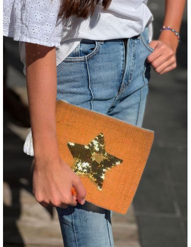 Sac Pochette en Jute avec Motif en Sequin - Dimensions : 22 x 18 cm