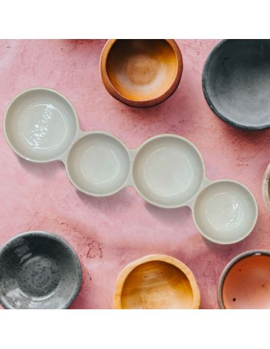 Plat de 4 Bols Blancs soudés en Céramique - Dimensions : 29 x 10 cm