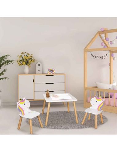 Meuble pour enfant / Table + 2 Chaises Licorne en Bois