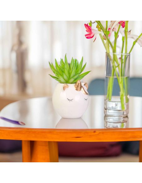 Plante Artificielle avec Pot Chat ou Licorne en Céramique