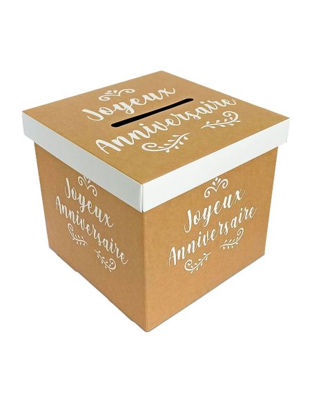 Urne "Joyeux Anniversaire" Couleur Kraft et Blanc - Dimensions : 20 x 20 x 20 cm