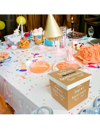 Urne "Joyeux Anniversaire" Couleur Kraft et Blanc - Dimensions : 20 x 20 x 20 cm