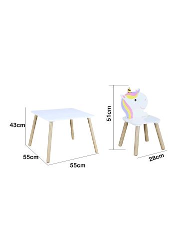 Meuble pour enfant / Table + 2 Chaises Licorne en Bois