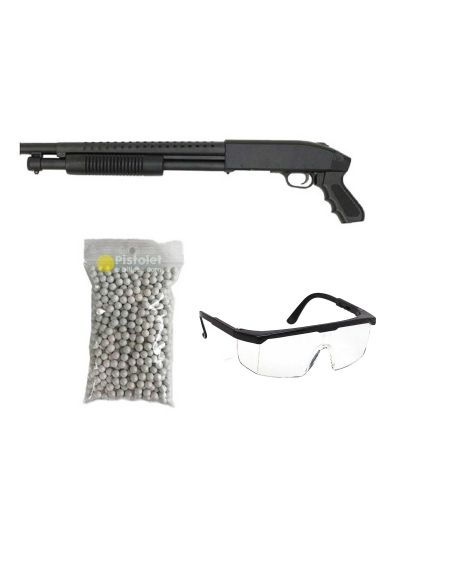Pack airsoft Fusil à pompe M500 / Lunette de Protection / 600 billes 0,20gr