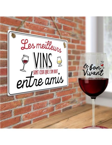 Plaque Murale en Métal " Les Meilleurs Vins sont ceux que l’on boit entre amis" - Dimensions : 20 x 14  x 0.5 cm