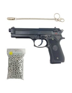 Pack Airsoft / Beretta Mod.92 FS Culasse Métal Spring / 600 billes 0,20g / Porte clés balle Factice 9mm