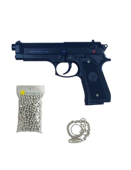 Pack Airsoft / Beretta Mod.92 FS Culasse Métal Spring / 600 billes 0,20g / Porte clés balle Factice 9mm