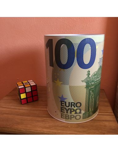 Grande Tirelire en Métal XXL Motif "Billets de Banque de 100 EURO" / Dimensions : 15 x 15 x 22 cm