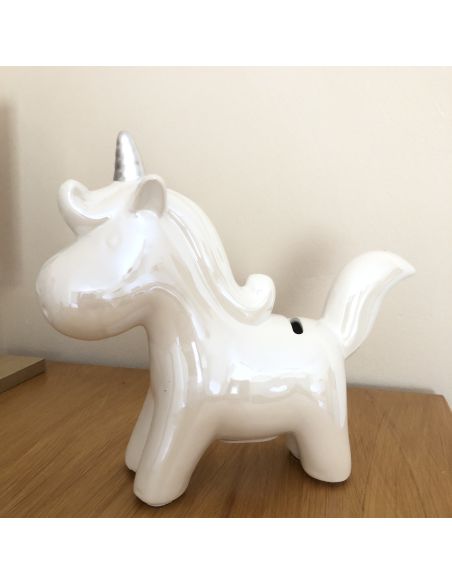 Tirelire Licorne reflets chromés / Colori au choix : rose, bleu, blanc