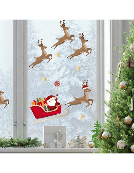 Lot de Stickers De Vitre Traineau Père-Noël - Faciles à poser et Repositionnables