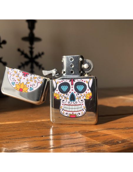 Briquet Essence à Clapet Rechargeable / Motif Crâne Mexicain (Calavera) / 6 Modèles Différents