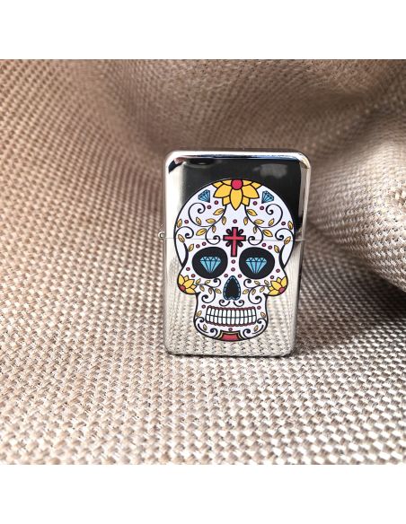 Briquet Essence à Clapet Rechargeable / Motif Crâne Mexicain (Calavera) / 6 Modèles Différents