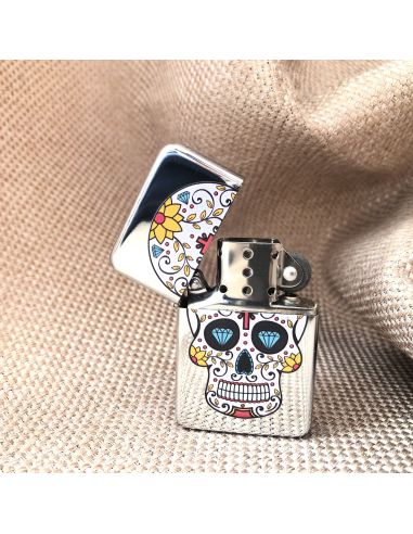 Briquet Essence à Clapet Rechargeable / Motif Crâne Mexicain (Calavera) / 6 Modèles Différents
