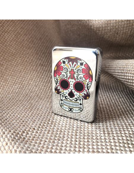 Briquet Essence à Clapet Rechargeable / Motif Crâne Mexicain (Calavera) / 6 Modèles Différents