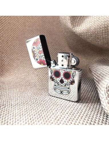 Briquet Essence à Clapet Rechargeable / Motif Crâne Mexicain (Calavera) / 6 Modèles Différents