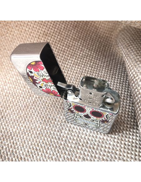 Briquet Essence à Clapet Rechargeable / Motif Crâne Mexicain (Calavera) / 6 Modèles Différents