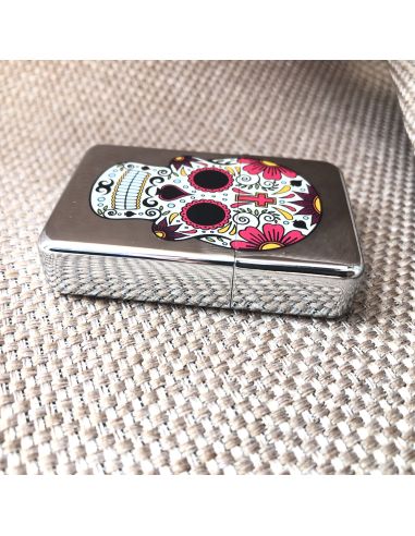 Briquet Essence à Clapet Rechargeable / Motif Crâne Mexicain (Calavera) / 6 Modèles Différents