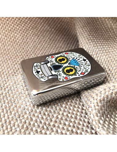 Briquet Essence à Clapet Rechargeable / Motif Crâne Mexicain (Calavera) / 6 Modèles Différents