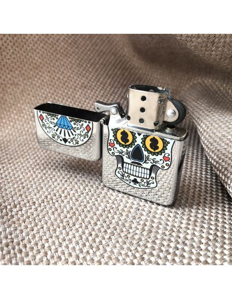Briquet Essence à Clapet Rechargeable / Motif Crâne Mexicain (Calavera) / 6 Modèles Différents