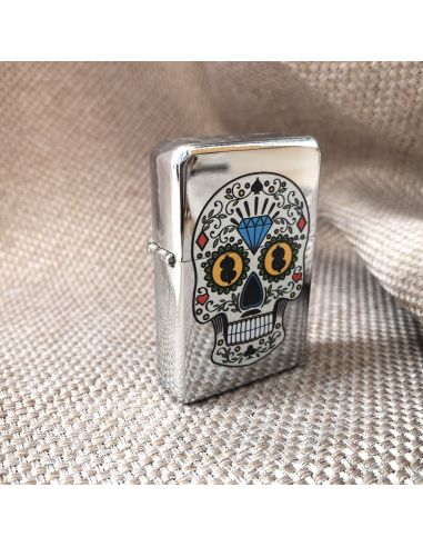 Briquet Essence à Clapet Rechargeable / Motif Crâne Mexicain (Calavera) / 6 Modèles Différents