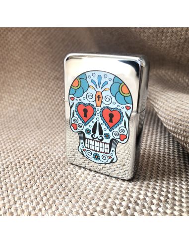 Briquet Essence à Clapet Rechargeable / Motif Crâne Mexicain (Calavera) / 6 Modèles Différents