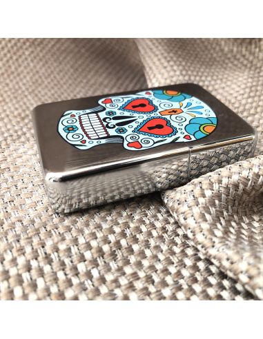 Briquet Essence à Clapet Rechargeable / Motif Crâne Mexicain (Calavera) / 6 Modèles Différents