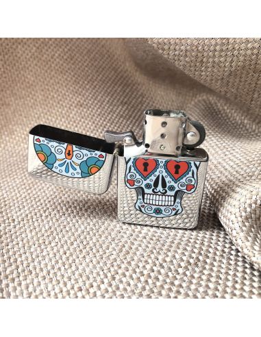 Briquet Essence à Clapet Rechargeable / Motif Crâne Mexicain (Calavera) / 6 Modèles Différents