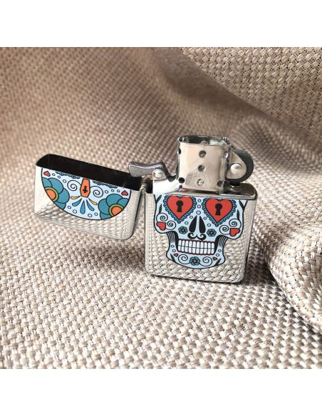 Briquet Essence à Clapet Rechargeable / Motif Crâne Mexicain (Calavera) / 6 Modèles Différents