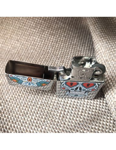 Briquet Essence à Clapet Rechargeable / Motif Crâne Mexicain (Calavera) / 6 Modèles Différents