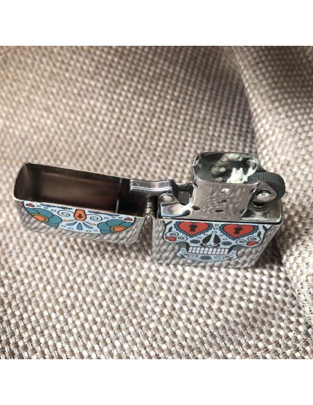 Briquet Essence à Clapet Rechargeable / Motif Crâne Mexicain (Calavera) / 6 Modèles Différents