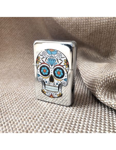 Briquet Essence à Clapet Rechargeable / Motif Crâne Mexicain (Calavera) / 6 Modèles Différents