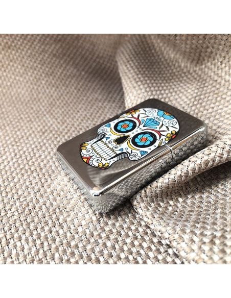 Briquet Essence à Clapet Rechargeable / Motif Crâne Mexicain (Calavera) / 6 Modèles Différents