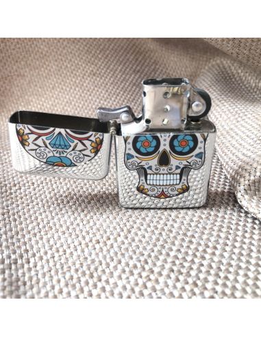 Briquet Essence à Clapet Rechargeable / Motif Crâne Mexicain (Calavera) / 6 Modèles Différents